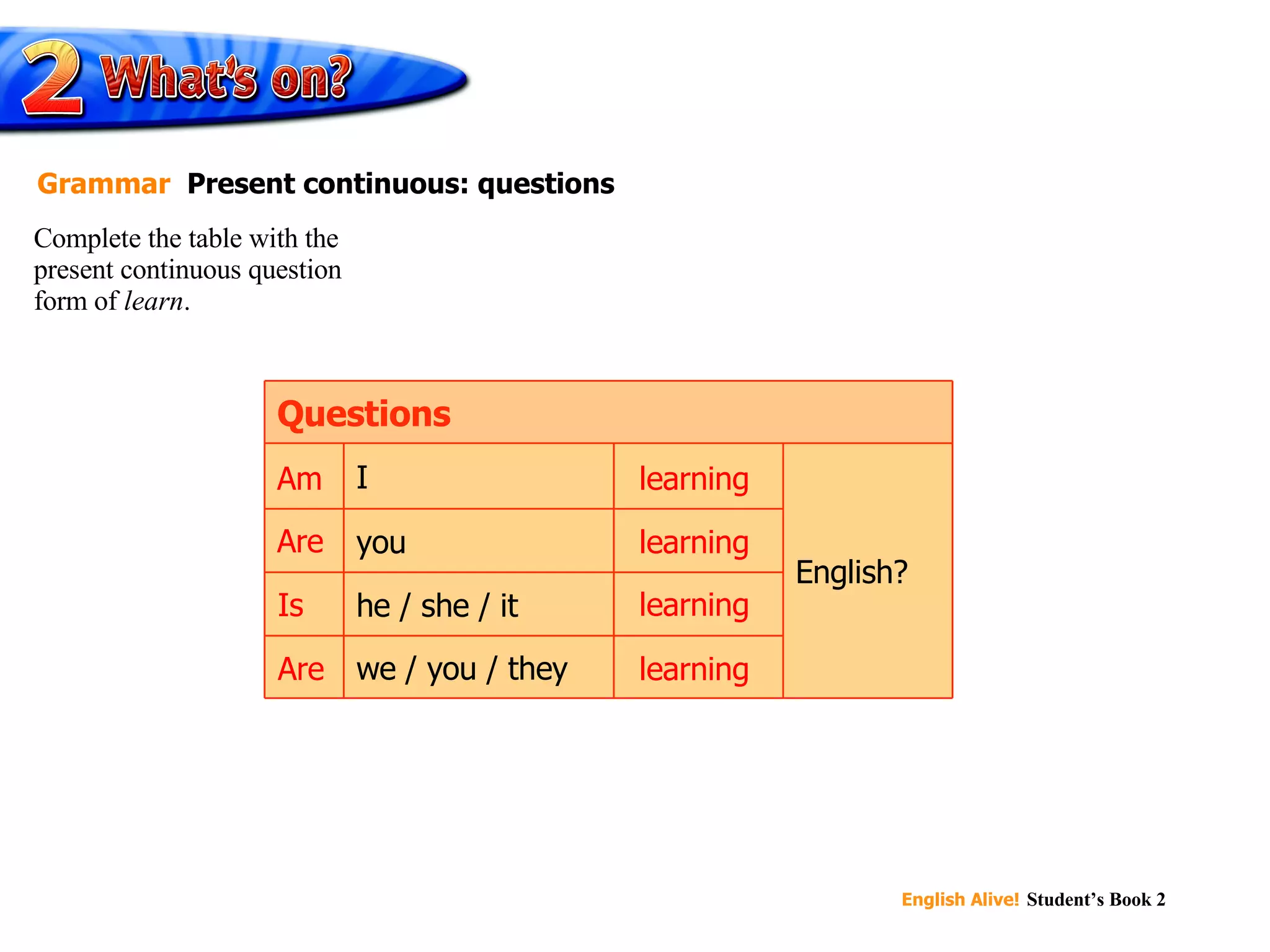 English? playing we / you / they playing he / she / it playing you playing I Questions learning Are Am learning Is learning Are learning Complete the table with the  present continuous question  form of  learn . Grammar   Present continuous: questions 