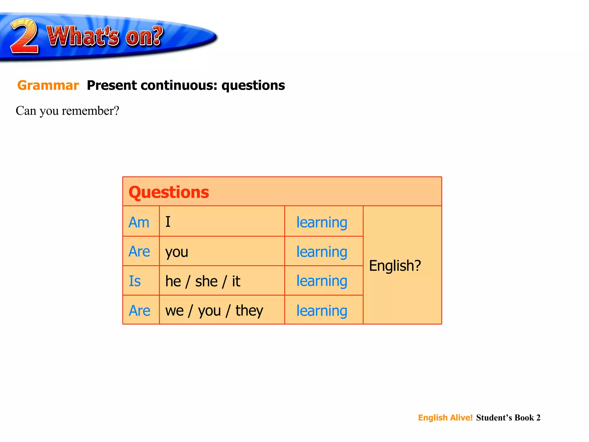 English? playing we / you / they playing he / she / it playing you playing I Questions learning Are Am learning Is learning Are learning Can you remember? Grammar   Present continuous: questions 