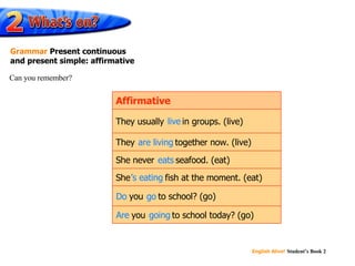 ’ s eating live eats are living Are  you  going  to school today? (go) Do  you  go  to school? (go) She ’s eating  fish at the moment. (eat) She never  eats  seafood. (eat) They  are living  together now. (live) They usually  live  in groups. (live) Affirmative Can you remember? Grammar  Present continuous  and present simple: affirmative Do go Are  going  