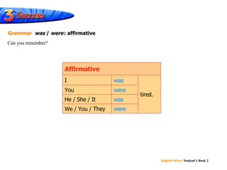 was were was were You We / You / They He / She / It tired. I  Affirmative Can you remember? Grammar   was  /  were   : affirmative 