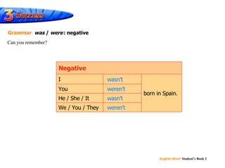wasn’t weren’t wasn’t weren’t You We / You / They He / She / It born in Spain. I  Negative Can you remember? Grammar   was  /  were   : negative 