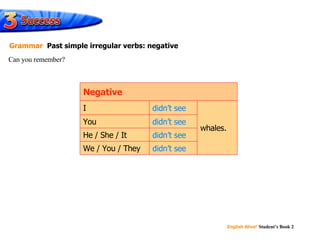 didn’t see didn’t see didn’t see didn’t see You We / You / They He / She / It whales. I  Negative Can you remember? Grammar   Past simple irregular verbs: negative 