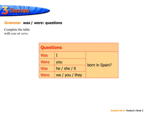 Was Were Was Were you we / you / they he / she / it born in Spain? I Questions Complete the table  with  was  or  were . Grammar   was  /  were   : questions 