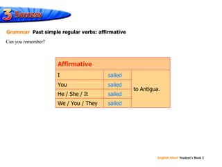sailed sailed sailed sailed You We / You / They He / She / It to Antigua. I  Affirmative Can you remember? Grammar   Past simple regular verbs: affirmative 