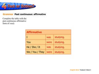 studying . studying . studying . studying . We / You / They He / She / It You I Affirmative studying were was studying was studying were studying Complete the table with the  past continuous affirmative  form of  study . Grammar   Past continuous: affirmative 