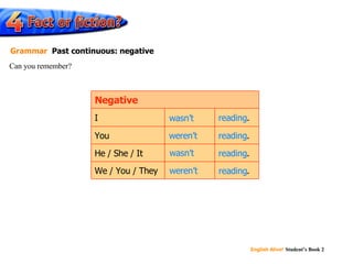 reading . reading . reading . reading . We / You / They He / She / It You I Negative reading weren’t wasn’t reading wasn’t reading weren’t reading Can you remember? Grammar   Past continuous: negative 