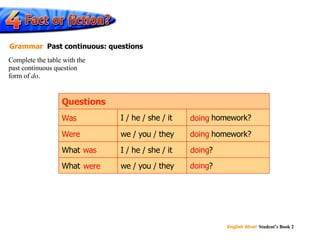 Complete the table with the  past continuous question  form of  do . Grammar   Past continuous: questions doing ? doing  homework? What What we / you / they doing ? I / he / she / it we / you / they doing  homework? I / he / she / it Questions doing Were Was doing was doing were doing 