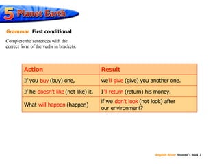 ’ ll give buy doesn’t like ’ ll return will happen don’t look Result if we don’t look (not look) after our environment? What will happen (happen) I ’ll return (return) his money. If he doesn’t like (not like) it, we ’ll give (give) you another one. If you buy (buy) one, Action Complete the sentences with the correct form of the verbs in brackets. Grammar First conditional