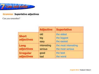 the oldest the biggest the easiest the most interesting the most serious the best the worst good  bad interesting serious old big  easy Adjective Superlative Irregular adjectives Long adjectives Short adjectives Can you remember? Grammar   Superlative adjectives 