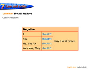 shouldn’t shouldn’t shouldn’t shouldn’t Can you remember? Grammar   should   : negative carry a lot of money. We / You / They He / She / It You I Negative 
