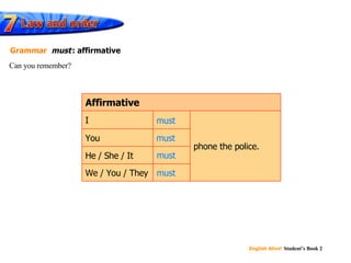must must must must Can you remember? Grammar   must   : affirmative phone the police. We / You / They He / She / It You I Affirmative 