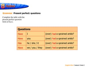Complete the table with the present perfect question form of have . Grammar Present perfect: questions (ever) had a sprained ankle? (ever) had a sprained ankle? we / you / they (ever) had a sprained ankle? he / she / it you (ever) had a sprained ankle? I Questions had Have Have had Has had Have had