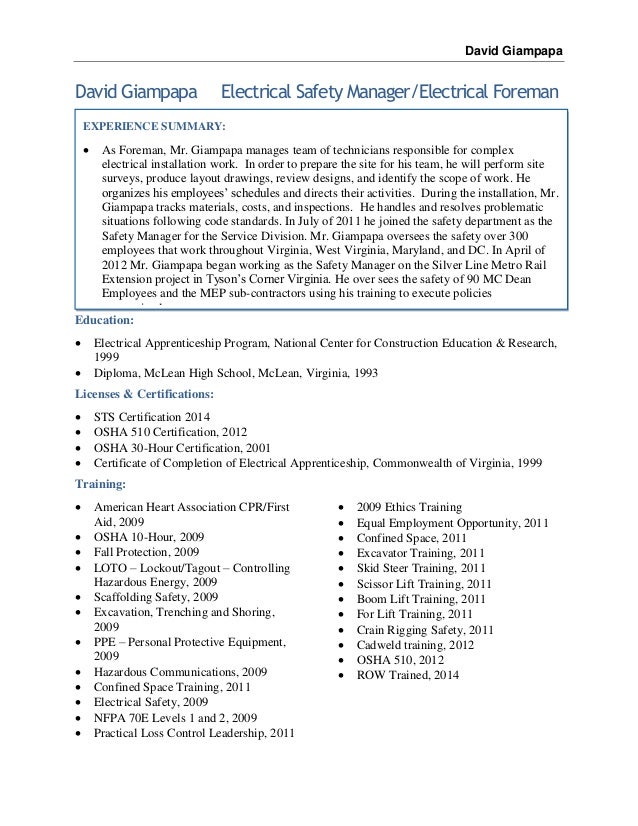 David Giampapa Electrical Safety Manager