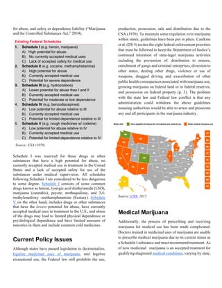 for abuse, and safety or dependence liability (“Marijuana
and the Controlled Substances Act,” 2014).
Schedule I was reserved for those drugs or other
substances that have a high potential for abuse, no
currently accepted medical use in treatment in the United
States and a lack of accepted safety for use of the
substances under medical supervision. All schedules
following Schedule I are considered to be less dangerous
to some degree. Schedule I consists of some common
drugs known as heroin, lysergic acid diethylamide (LSD),
marijuana (cannabis), peyote, methaqualone, and 3,4-
methylenedioxy -methamphetamine (Ecstasy). Schedule
V on the other hand, includes drugs or other substances
that have the lowest potential for abuse, have currently
accepted medical uses in treatment in the U.S., and abuse
of the drugs may lead to limited physical dependence or
psychological dependence and have limited amounts of
narcotics in them and include common cold medicines.
Current  Policy  Issues
Although states have passed legislation to decriminalize,
legalize medicinal uses of marijuana, and legalize
recreational use, the Federal law still prohibits the use,
production, possession, sale and distribution due to the
CSA (1970). To maintain some regulation over marijuana
within states, guidelines have been put in place. Caulkins
et al. (2014) recites the eight federal enforcement priorities
that must be followed to keep the Department of Justice’s
continued toleration of state-legal marijuana activities
including the prevention of: distribution to minors,
enrichment of gangs and criminal enterprises, diversion to
other states, dealing other drugs, violence or use of
weapons, drugged driving and exacerbation of other
public health consequences associated with marijuana use,
growing marijuana on federal land or in federal reserves,
and possession on federal property (p. 3). The problem
with the state law and Federal law conflict is that any
administration could withdraw the above guidelines
meaning authorities would be able to arrest and prosecute
any and all participants in the marijuana industry.
  
  
Medical  Marijuana    
Additionally, the process of prescribing and receiving
marijuana for medical use has been made complicated.
Doctors trained in medicinal uses of marijuana are unable
to prescribe medical marijuana due to its current status as
a Schedule I substance and must recommend treatment. As
of now medicinal marijuana is an accepted treatment for
qualifying diagnosed medical conditions, varying by state,
Source: CSA (1970)
Source: CNN, 2015
 