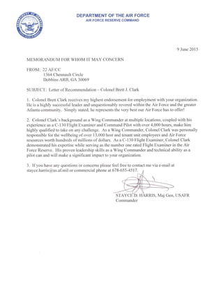 Letter of Recommendation from General Harris for Colonel Clark - 9 June 2015