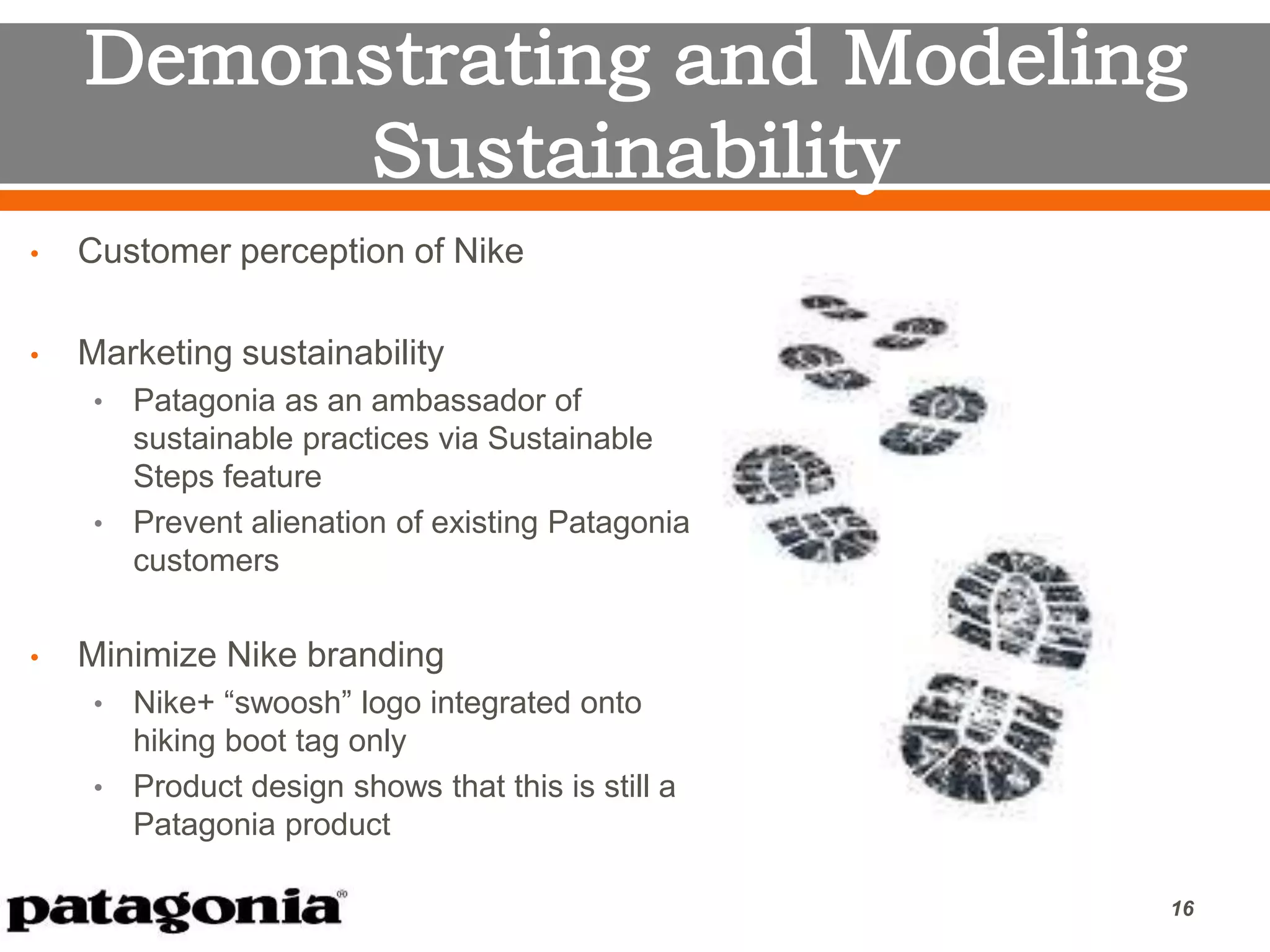 • Customer perception of Nike
• Marketing sustainability
• Patagonia as an ambassador of
sustainable practices via Sustainable
Steps feature
• Prevent alienation of existing Patagonia
customers
• Minimize Nike branding
• Nike+ “swoosh” logo integrated onto
hiking boot tag only
• Product design shows that this is still a
Patagonia product
16
 