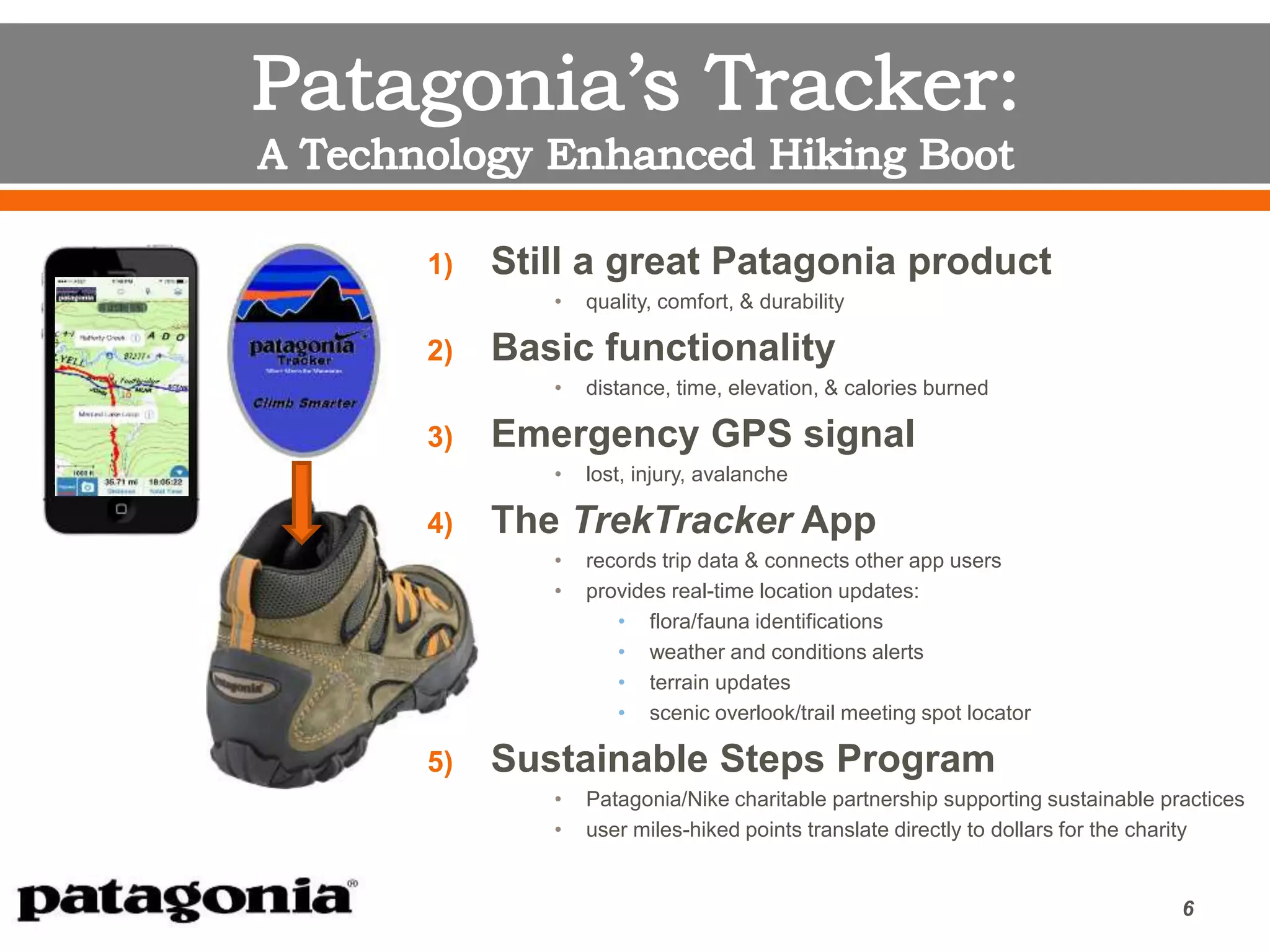 1) Still a great Patagonia product
• quality, comfort, & durability
2) Basic functionality
• distance, time, elevation, & calories burned
3) Emergency GPS signal
• lost, injury, avalanche
4) The TrekTracker App
• records trip data & connects other app users
• provides real-time location updates:
• flora/fauna identifications
• weather and conditions alerts
• terrain updates
• scenic overlook/trail meeting spot locator
5) Sustainable Steps Program
• Patagonia/Nike charitable partnership supporting sustainable practices
• user miles-hiked points translate directly to dollars for the charity
6
 