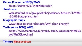 Online Course on 100% WWS
http://stanford.io/windwatersolar
Roadmaps
web.stanford.edu/group/efmh/jacobson/Articles/I/WWS
-50-USState-plans.html
Infographic maps
www.thesolutionsproject.org/why-clean-energy/
Textbook on 100% WWS
https://web.stanford.edu/group/efmh/jacobson/WWSBo
ok/WWSBook.html
Twitter: @mzjacobson
 