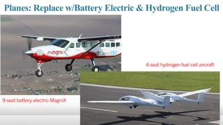 Planes: Replace w/Battery Electric & Hydrogen Fuel Cell
4-seat hydrogen fuel cell aircraft
9-seat battery electric-MagniX
 