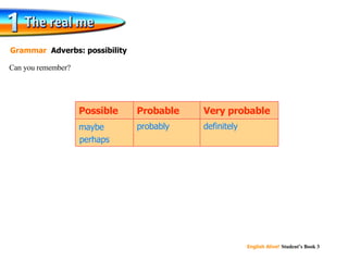 maybe perhaps probably definitely Very probable Probable Possible Can you remember? Grammar  Adverbs: possibility 