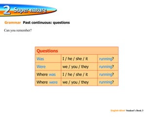 Can you remember? Grammar   Past continuous: questions running ? running ? Where  Where  we / you / they running ? I / he / she / it we / you / they running ? I / he / she / it Questions running Were Was running was running were running 