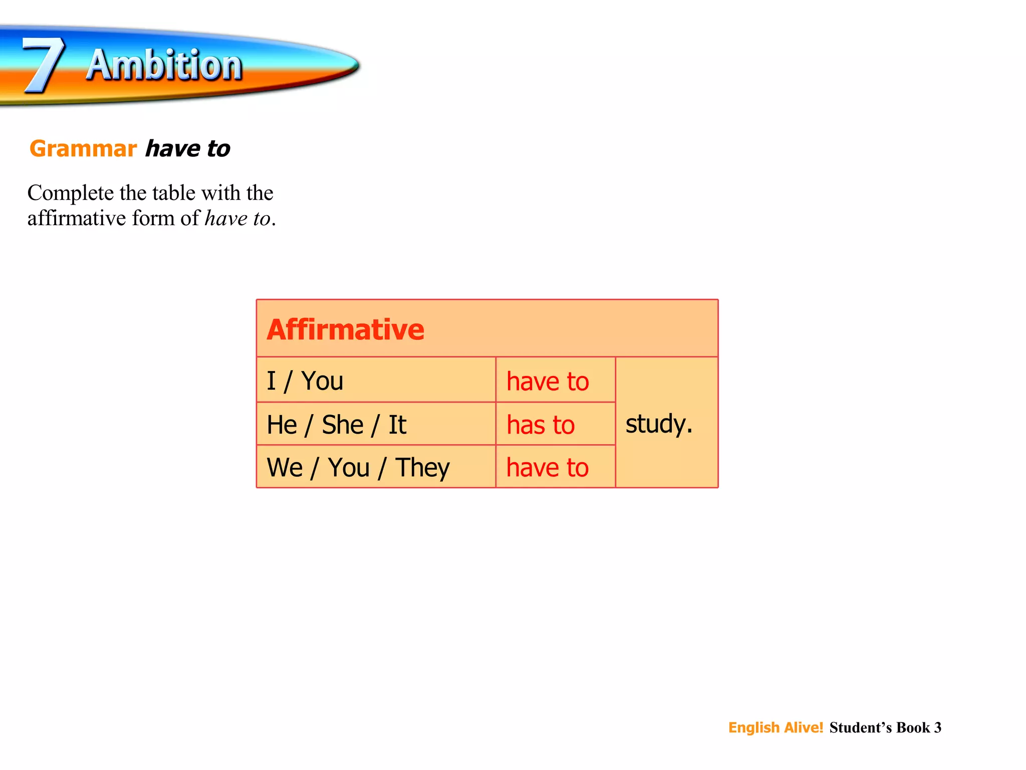 have to has to have to study. We / You / They He / She / It I / You Affirmative Complete the table with the affirmative form of  have to . Grammar  have to 