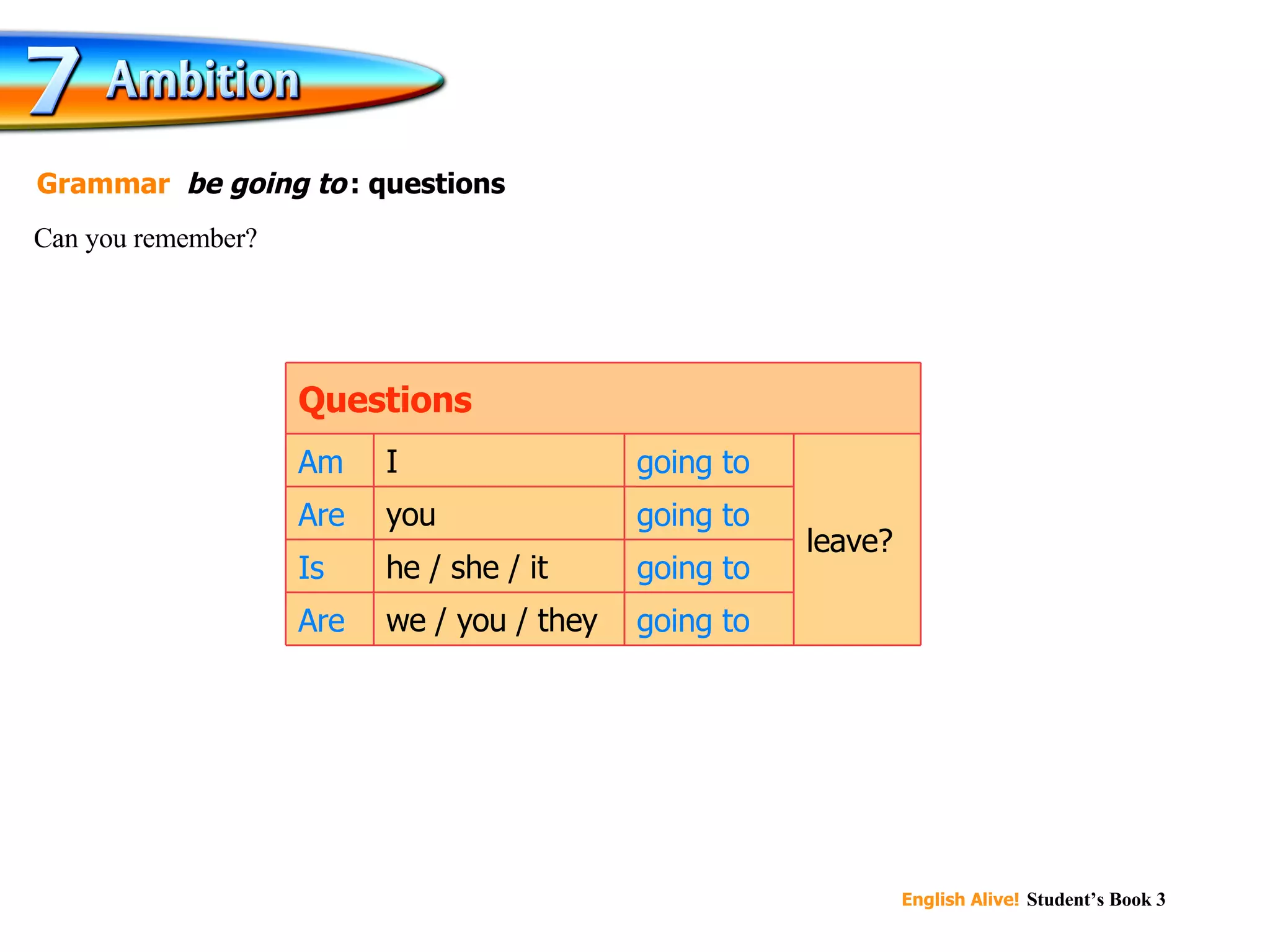 Can you remember? Grammar   be going to   : questions you leave? I we / you / they he / she / it Questions Am going to Are going to Is going to Are going to 