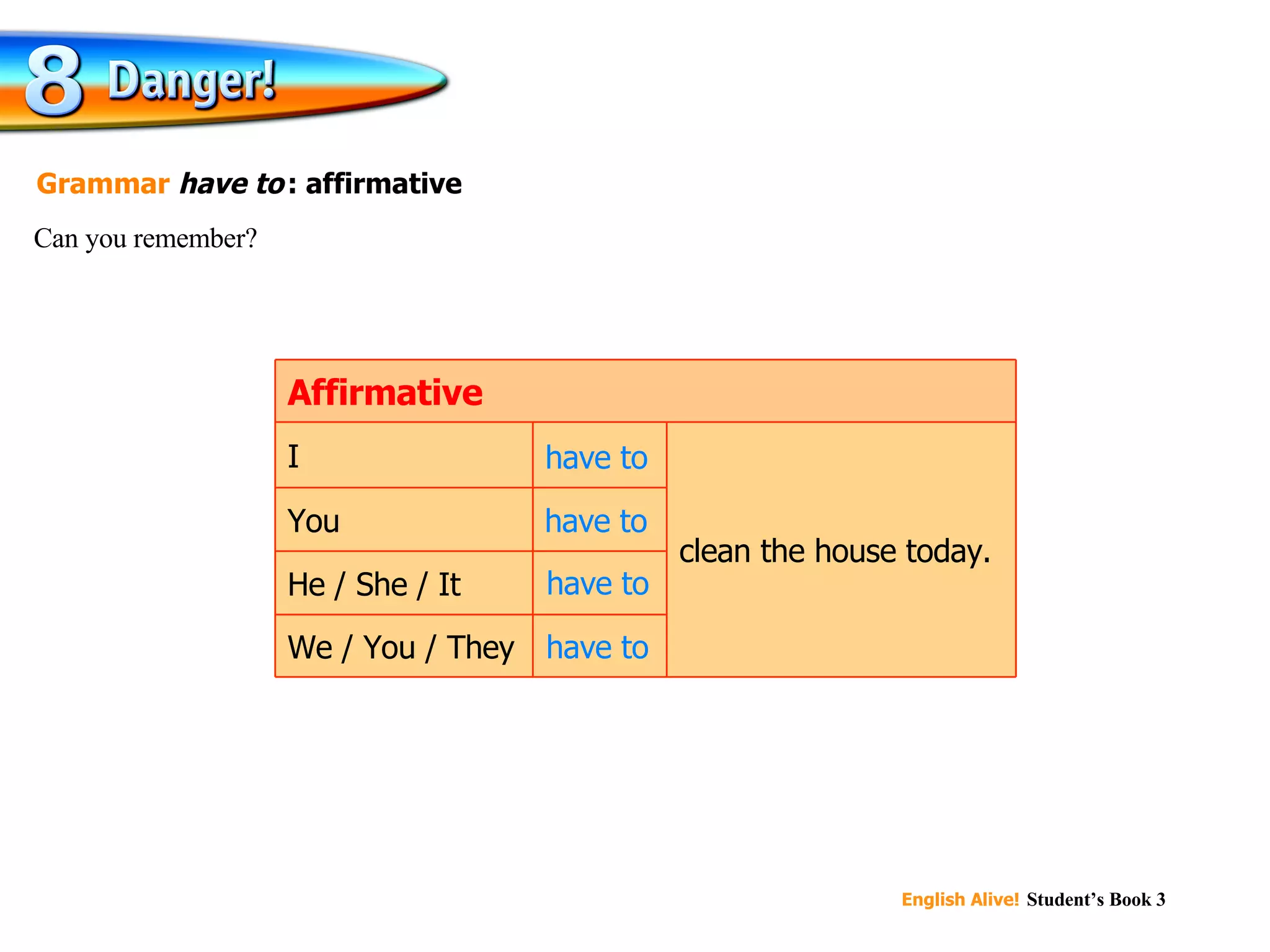 have to have to have to have to Can you remember? Grammar  have to   : affirmative clean the house today. We / You / They He / She / It You I Affirmative 