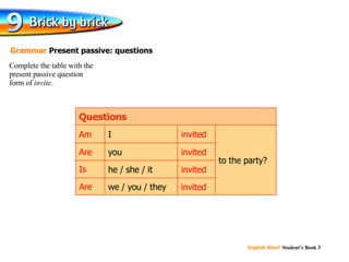 Complete the table with the  present passive question  form of  invite . Grammar  Present passive: questions to the party? we / you / they he / she / it you I Questions invited Are Am invited Is invited Are invited 
