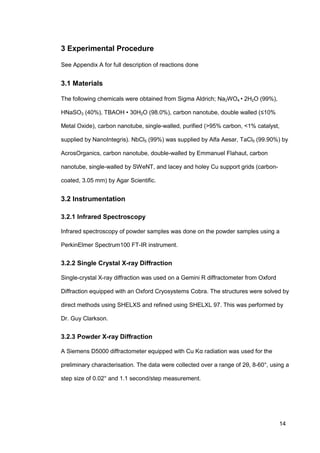 14
3 Experimental Procedure
See Appendix A for full description of reactions done
3.1 Materials
The following chemicals were obtained from Sigma Aldrich; Na2WO4 • 2H2O (99%),
HNaSO3 (40%), TBAOH • 30H2O (98.0%), carbon nanotube, double walled (≤10%
Metal Oxide), carbon nanotube, single-walled, purified (>95% carbon, <1% catalyst,
supplied by NanoIntegris). NbCl5 (99%) was supplied by Alfa Aesar, TaCl5 (99.90%) by
AcrosOrganics, carbon nanotube, double-walled by Emmanuel Flahaut, carbon
nanotube, single-walled by SWeNT, and lacey and holey Cu support grids (carbon-
coated, 3.05 mm) by Agar Scientific.
3.2 Instrumentation
3.2.1 Infrared Spectroscopy
Infrared spectroscopy of powder samples was done on the powder samples using a
PerkinElmer Spectrum100 FT-IR instrument.
3.2.2 Single Crystal X-ray Diffraction
Single-crystal X-ray diffraction was used on a Gemini R diffractometer from Oxford
Diffraction equipped with an Oxford Cryosystems Cobra. The structures were solved by
direct methods using SHELXS and refined using SHELXL 97. This was performed by
Dr. Guy Clarkson.
3.2.3 Powder X-ray Diffraction
A Siemens D5000 diffractometer equipped with Cu Kα radiation was used for the
preliminary characterisation. The data were collected over a range of 2θ, 8-60°, using a
step size of 0.02° and 1.1 second/step measurement.
 