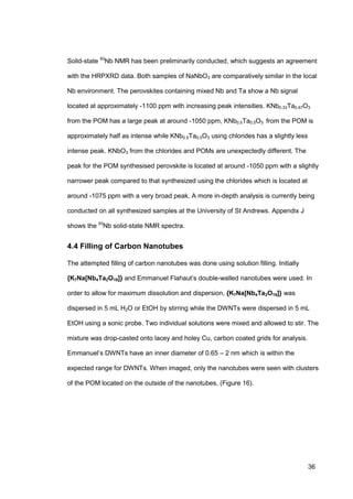 36
Solid-state 93
Nb NMR has been preliminarily conducted, which suggests an agreement
with the HRPXRD data. Both samples of NaNbO3 are comparatively similar in the local
Nb environment. The perovskites containing mixed Nb and Ta show a Nb signal
located at approximately -1100 ppm with increasing peak intensities. KNb0.33Ta0.67O3
from the POM has a large peak at around -1050 ppm, KNb0.5Ta0.5O3 from the POM is
approximately half as intense while KNb0.5Ta0.5O3 using chlorides has a slightly less
intense peak. KNbO3 from the chlorides and POMs are unexpectedly different. The
peak for the POM synthesised perovskite is located at around -1050 ppm with a slightly
narrower peak compared to that synthesized using the chlorides which is located at
around -1075 ppm with a very broad peak. A more in-depth analysis is currently being
conducted on all synthesized samples at the University of St Andrews. Appendix J
shows the 93
Nb solid-state NMR spectra.
4.4 Filling of Carbon Nanotubes
The attempted filling of carbon nanotubes was done using solution filling. Initially
{K7Na[Nb4Ta2O19]} and Emmanuel Flahaut’s double-walled nanotubes were used. In
order to allow for maximum dissolution and dispersion, {K7Na[Nb4Ta2O19]} was
dispersed in 5 mL H2O or EtOH by stirring while the DWNTs were dispersed in 5 mL
EtOH using a sonic probe. Two individual solutions were mixed and allowed to stir. The
mixture was drop-casted onto lacey and holey Cu, carbon coated grids for analysis.
Emmanuel’s DWNTs have an inner diameter of 0.65 – 2 nm which is within the
expected range for DWNTs. When imaged, only the nanotubes were seen with clusters
of the POM located on the outside of the nanotubes, (Figure 16).
 