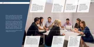 However, as new ideas and new ways of thinking
don’t just leap fully-formed out of the ground, they,
and the minds that produce them, need nurturing.
During the IE International MBA these nutrients
come in form of the diversity found on campus.
At IE Business School we believe that real diversity
means more than a collection of flags from around
the world. To form an ecosystem where IMBAs can
benefit from the expertise of their peers, your classes
will not only be filled with talents from more than 70
countries, but the diversity that you will encounter
goes beyond simple geographic and cultural
differences to generate a rich atmosphere of critical
thinking, mutual growth, and strong, shared values.
To get an idea of this type of diversity, a possible
workgroup at IE could consist of:
Nir Hindi
34, Israeli
“Entrepreneurs are the artists of the
business world” is his favorite quote. He
started his first company during his bachelor
degree and continued doing so during the
years. Entrepreneurship, Technology, Art and
Business are the subjects he likes to mix. After
the MBA, equipped with more tools, he plans
to be involved in the global start-up ecosystem.
Celine Salman
28, American/Lebanese
She is an architect with design and project
management experience in the hospitality and
food & beverage industries. She has lived in
DC, NYC, Dubai and Beirut and is a trained
dancer and fitness instructor. She is looking to
grow in corporate hospitality or to shift into
real estate development.
2. DIVERSITY 3.0
Pier Spinazze Andrea
28, South African
He is a doctor having spent a year in
plastic and trauma surgery. He has
studied in Italy, UK and the US. He
has climbed Mount Kilimanjaro and
cycled from Sudan to Kenya and is
thinking of changing careers.
Amalia Carvajal Sardi
27, Italian/Colombian
An Art History and Marketing
double major, Amalia worked at
a museum and an auction house
before focusing on marketing, first
as a communications specialist
and afterwards as an external
consultant.
Federica Ilaria Fornaciari
25, Italian
She has a degree in Business
Administration and a MSc in
Marketing. She spent a big part
of her academic and professional
career abroad, specializing in Retail
and Go-to-Market strategies for
the Luxury Industry, and working
as a Consultant and a PMM in
e-commerce. She loves to sing and
play piano in her free time.
Sarah North
25, American
She has professional experience
in production and an educational
background in economics and
accounting. She was a professional
dancer for several years and
travelled through South America
while teaching dance. She is looking
for a career change.
Sherif Seif El Nasr
30, Egyptian/Canadian
He is a Math and Statistics Major
with a career in the financial markets
in Dubai. In line with his passion
and lifestyle of health, fitness and
nutrition, through IE’s famous
Venture Lab he is starting his own
business in the health & nutrition
industry that will launch in Dubai.
34/ /35
#ieIMBA
 