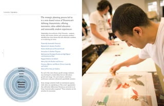 8
The strategic planning process led us
to a new shared vision of Dominican’s
deﬁning characteristic: offering
innovative, value-added education
and memorable student experiences.
Stakeholders from all facets of the University – students,
faculty, staff, trustees, alumni, and community members –
identiﬁed nine vision themes that will collectively contribute
to us achieving our vision.
Financially Sustainable University
Reputation for Academic Excellence
Student Intellectual and Personal Growth
Innovations in Academic Programs
Motivated and Developed Faculty and Staff Aligned
with Institutional Need
Engaged Students and Alumni
State-of-the-Art Facilities and Processes
Visionary, Effective, and Mission-Driven Leadership
and Culture
School of First Choice for Students
For each of the vision themes, speciﬁc strategic initiatives
were developed to clearly deﬁne how we will achieve
growth and change. For each initiative, related key
performance indicators will provide quantiﬁable measures.
Some strategic initiatives build our institutional capacity,
while others are capitalizing on “blue ocean” opportunities
that will further differentiate Dominican and result in our
being “internationally recognized.” These initiatives are the
priorities for investment.
Outcomes
Enablers
Assets
Driver
M
otivatedanddevelopedfacultyandstaf
f aligned with institutional need
Innovationinaca
dem
ic programs
Studentintellectual
and
personal growth
Engaged
studentsandalumni
Reputation
foracademicexcellence
School of firs
tchoiceforstudents
Financialsu
stainability
Mission
Vision
Values
Visionary,effecti
ve, and mission-driven leade
rshipandculture
State-of-the-artfacilitiesandprocesse
s
 