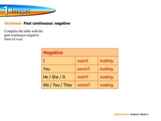 Complete the table with the  past continuous negative  form of  read . Grammar  Past continuous: negative reading . reading . reading . reading . We / You / They He / She / It You I Negative reading weren’t wasn’t reading wasn’t reading weren’t reading 