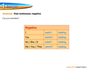 Can you remember? Grammar  Past continuous: negative reading . reading . reading . reading . We / You / They He / She / It You I Negative reading weren’t wasn’t reading wasn’t reading weren’t reading 