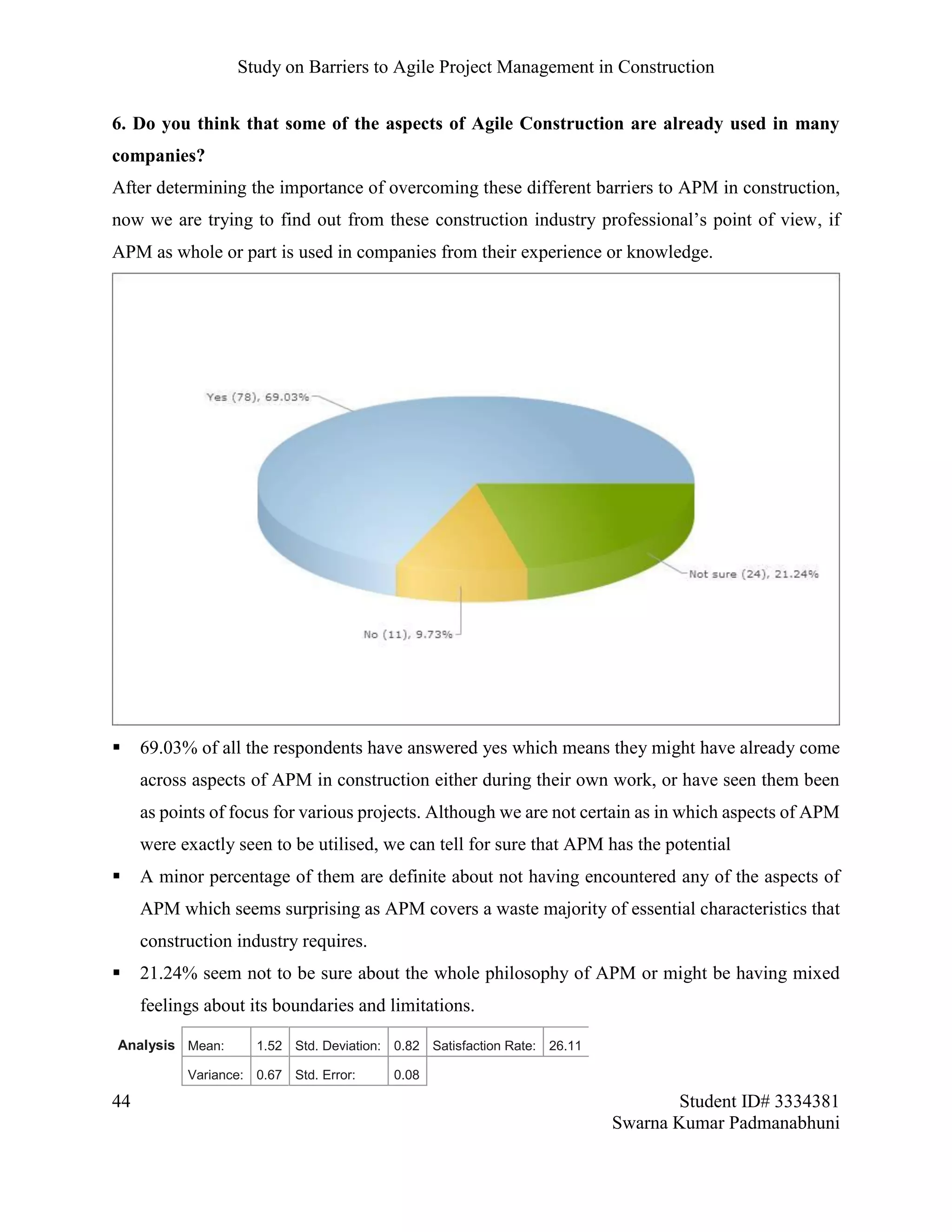 Study on Barriers to Agile Project Management in Construction
44 Student ID# 3334381
Swarna Kumar Padmanabhuni
6. Do you think that some of the aspects of Agile Construction are already used in many
companies?
After determining the importance of overcoming these different barriers to APM in construction,
now we are trying to find out from these construction industry professional’s point of view, if
APM as whole or part is used in companies from their experience or knowledge.
 69.03% of all the respondents have answered yes which means they might have already come
across aspects of APM in construction either during their own work, or have seen them been
as points of focus for various projects. Although we are not certain as in which aspects of APM
were exactly seen to be utilised, we can tell for sure that APM has the potential
 A minor percentage of them are definite about not having encountered any of the aspects of
APM which seems surprising as APM covers a waste majority of essential characteristics that
construction industry requires.
 21.24% seem not to be sure about the whole philosophy of APM or might be having mixed
feelings about its boundaries and limitations.
Analysis Mean: 1.52 Std. Deviation: 0.82 Satisfaction Rate: 26.11
Variance: 0.67 Std. Error: 0.08
 