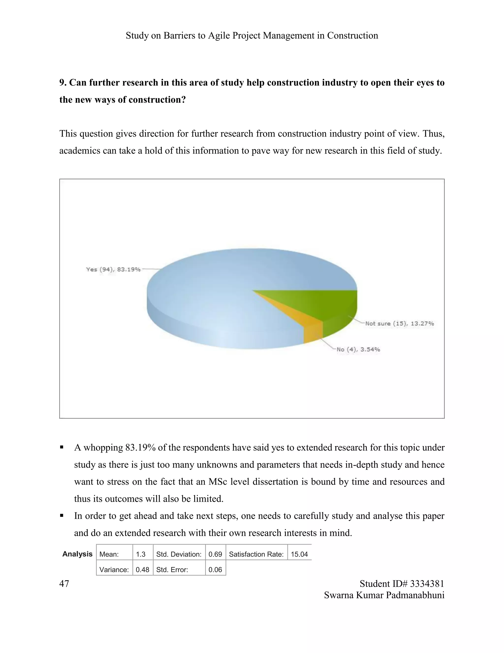 Study on Barriers to Agile Project Management in Construction
47 Student ID# 3334381
Swarna Kumar Padmanabhuni
9. Can further research in this area of study help construction industry to open their eyes to
the new ways of construction?
This question gives direction for further research from construction industry point of view. Thus,
academics can take a hold of this information to pave way for new research in this field of study.
 A whopping 83.19% of the respondents have said yes to extended research for this topic under
study as there is just too many unknowns and parameters that needs in-depth study and hence
want to stress on the fact that an MSc level dissertation is bound by time and resources and
thus its outcomes will also be limited.
 In order to get ahead and take next steps, one needs to carefully study and analyse this paper
and do an extended research with their own research interests in mind.
Analysis Mean: 1.3 Std. Deviation: 0.69 Satisfaction Rate: 15.04
Variance: 0.48 Std. Error: 0.06
 