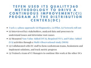 T E F E N U S E D I T S Q U A L I T Y 3 6 0
M E T H O D O L O G Y T O D R I V E A
C O N T I N U O U S I M P R O V E M E N T ( C I )
P R O G R A M A T T H E D I S T R I B U T I O N
C E N T E R S ( D C )
Used a 3-phase approach: (1) Diagnostics, (2) Pilot, (3) Network roll out
(1) Interviewed key stakeholders, analyzed data and processes to
understand issues and determine root causes
(1) Measured Non-Value Added (NVA), Required NVA, and Value-Added
(VA) activities through a Multi-Observational study (MOS)
(2) Collaborated with DC staff to form workstream teams, brainstorm and
implement solutions, and track metric progress
(3) Trained a team of CI Managers to continue this work at the other DCs
 