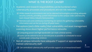 • Academic and research responsibilities can be burdened when
cybersecurity processes and procedures are not risk reducers
 While research environments are run by talented technologists providing adequate
security controls, providing system information to the campus wide cybersecurity
team should follow industry best-practices
 Remote scans and continuous monitoring are options for gathering vulnerability
information and can be run during off-peak hours
• Perceptions (and a little reality) that vulnerability and asset management
scanning slows down higher performance networks
 Computing power and high bandwidth can mask criminal activity
 Scans can be tailored to be as non-intrusive as possible or scheduled to occur
outside peak computing windows
• Not all campus networks have adequate IT support or appropriately
trained cybersecurity staff
 Can centralized cybersecurity staff provide support on a transactional basis?
WHAT IS THE ROOT CAUSE?
3/10/2016
5
 
