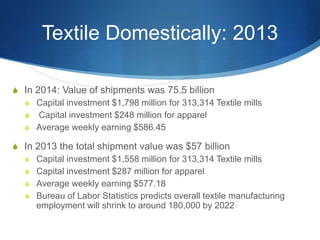 Textile Domestically: 2013
S In 2014: Value of shipments was 75.5 billion
S Capital investment $1,798 million for 313,314 Textile mills
S Capital investment $248 million for apparel
S Average weekly earning $586.45
S In 2013 the total shipment value was $57 billion
S Capital investment $1,558 million for 313,314 Textile mills
S Capital investment $287 million for apparel
S Average weekly earning $577.18
S Bureau of Labor Statistics predicts overall textile manufacturing
employment will shrink to around 180,000 by 2022
 