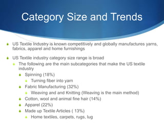 Category Size and Trends
S US Textile Industry is known competitively and globally manufactures yarns,
fabrics, apparel and home furnishings
S US Textile industry category size range is broad
S The following are the main subcategories that make the US textile
industry
S Spinning (18%)
S Turning fiber into yarn
S Fabric Manufacturing (32%)
S Weaving and and Knitting (Weaving is the main method)
S Cotton, wool and animal fine hair (14%)
S Apparel (22%)
S Made up Textile Articles ( 13%)
S Home textiles, carpets, rugs, lug
 