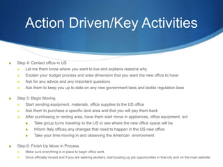 Action Driven/Key Activities
S Step 4: Contact office in US
S Let me them know where you want to live and explains reasons why
S Explain your budget process and area dimension that you want the new office to have
S Ask for any advice and any important questions
S Ask them to keep you up to date on any new government laws and textile regulation laws
S Step 5: Begin Moving
S Start sending equipment, materials, office supplies to the US office
S Ask them to purchase a specific land area and that you will pay them back
S After purchasing or renting area, have them start move in appliances, office equipment, ect
S Take group turns traveling to the US to see where the new office space will be
S Inform Italy offices any changes that need to happen in the US new office
S Take your time moving in and observing the American environment
S Step 6: Finish Up Move in Process
S Make sure everything is in place to begin office work
S Once officially moved and If you are seeking workers, start posting up job opportunities in that city and on the main website
 