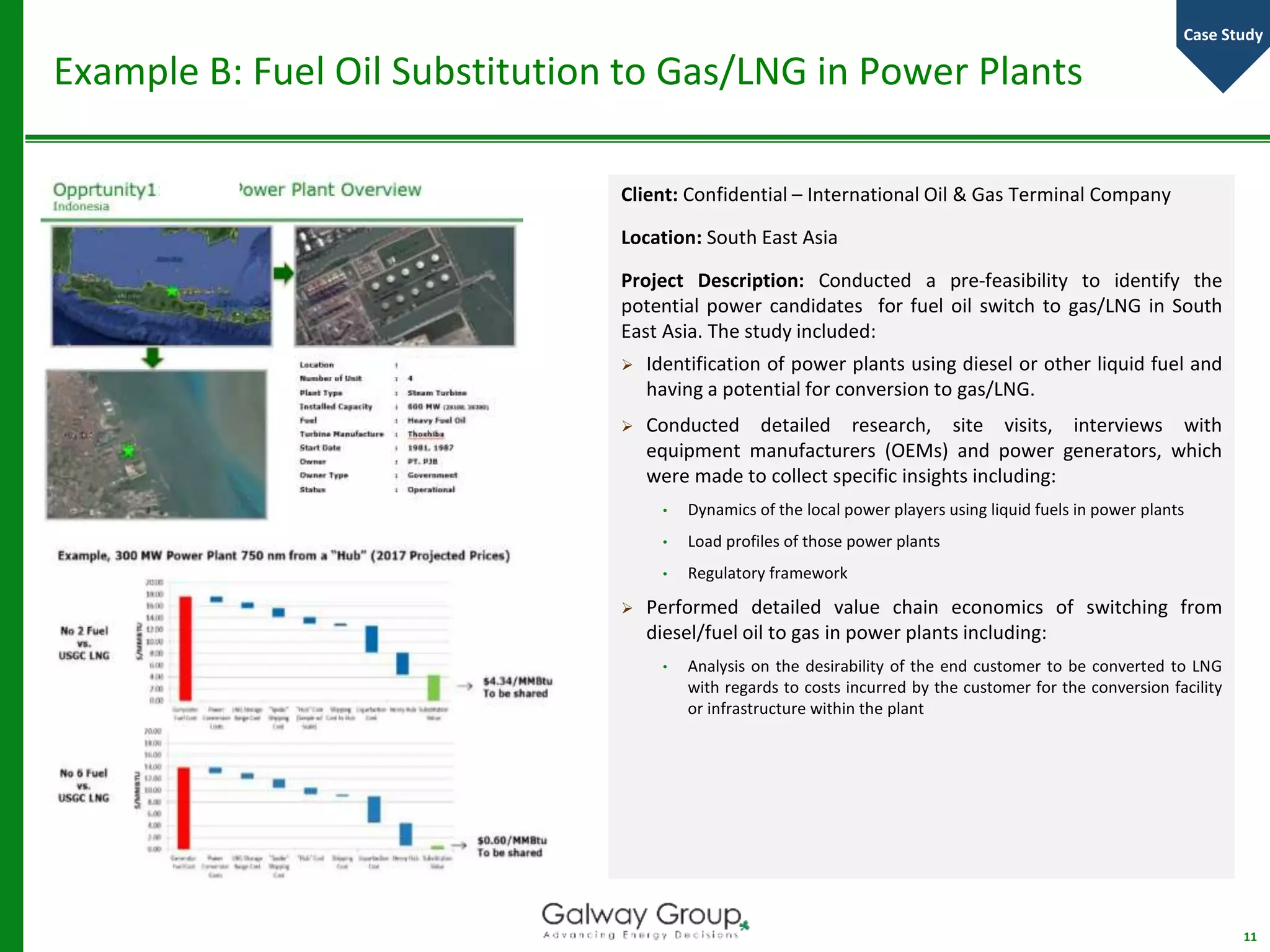 Example B: Fuel Oil Substitution to Gas/LNG in Power Plants
Client: Confidential – International Oil & Gas Terminal Company
Location: South East Asia
Project Description: Conducted a pre-feasibility to identify the
potential power candidates for fuel oil switch to gas/LNG in South
East Asia. The study included:
 Identification of power plants using diesel or other liquid fuel and
having a potential for conversion to gas/LNG.
 Conducted detailed research, site visits, interviews with
equipment manufacturers (OEMs) and power generators, which
were made to collect specific insights including:
• Dynamics of the local power players using liquid fuels in power plants
• Load profiles of those power plants
• Regulatory framework
 Performed detailed value chain economics of switching from
diesel/fuel oil to gas in power plants including:
• Analysis on the desirability of the end customer to be converted to LNG
with regards to costs incurred by the customer for the conversion facility
or infrastructure within the plant
11
Case Study
 