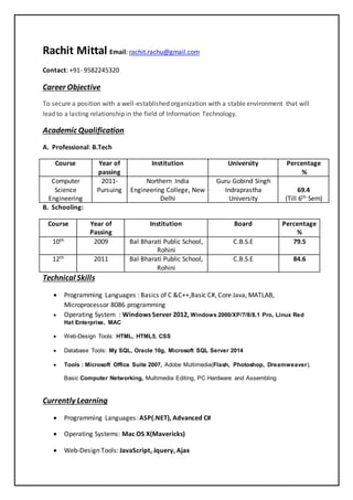 Rachit Mittal Email: rachit.rachu@gmail.com
Contact: +91- 9582245320
Career Objective
To secure a position with a well-established organization with a stable environment that will
lead to a lasting relationship in the field of Information Technology.
Academic Qualification
A. Professional: B.Tech
Course Year of
passing
Institution University Percentage
%
Computer
Science
Engineering
2011-
Pursuing
Northern India
Engineering College, New
Delhi
Guru Gobind Singh
Indraprastha
University
69.4
(Till 6th Sem)
B. Schooling:
Course Year of
Passing
Institution Board Percentage
%
10th 2009 Bal Bharati Public School,
Rohini
C.B.S.E 79.5
12th 2011 Bal Bharati Public School,
Rohini
C.B.S.E 84.6
Technical Skills
 Programming Languages : Basics of C &C++,Basic C#, Core Java, MATLAB,
Microprocessor 8086 programming
 Operating System : Windows Server 2012, Windows 2000/XP/7/8/8.1 Pro, Linux Red
Hat Enterprise, MAC
 Web-Design Tools: HTML, HTML5, CSS
 Database Tools: My SQL, Oracle 10g, Microsoft SQL Server 2014
 Tools : Microsoft Office Suite 2007, Adobe Multimedia(Flash, Photoshop, Dreamweaver),
Basic Computer Networking, Multimedia Editing, PC Hardware and Assembling
Currently Learning
 Programming Languages: ASP(.NET), Advanced C#
 Operating Systems: Mac OS X(Mavericks)
 Web-Design Tools: JavaScript, Jquery, Ajax
 