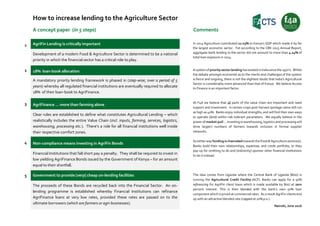 How to increase lending to the Agriculture Sector
A concept paper (in 5 steps) Comments
1 AgriFin Lending is critically important In 2014 Agriculture contributed 22.03% to Kenya’s GDP which made it by far
the largest economic sector. Yet according to the CBK 2015 Annual Report,
aggregate bank lending to the sector did not amount to more than 4.14% of
total loan exposure in 2014.
Development of a modern Food & Agriculture Sector is determined to be a national
priority in which the financial sector has a critical role to play.
2 18% loan-book allocation A system of priority sectorlending has existed in India since the 1970’s. Whilst
the debate amongst economist as to the merits and challenges of the system
is fierce and ongoing, there is not the slightest doubt that India’s Agricultural
Sector is considerably more advanced than that of Kenya. We believe Access
to Finance is an important factor.
A mandatory priority lending framework is phased in (step-wise, over a period of 5
years) whereby all regulated financial institutions are eventually required to allocate
18% of their loan-book to AgriFinance.
3 AgriFinance … more than farming alone
At F4A we believe that all parts of the value chain are important and need
support and investment. In certain crops post-harvest spoilage ratios still run
as high as 40%. Banks enjoy individual strengths, and will find their own ways
to operate (lend) within risk-tolerant parameters. We equally believe in the
power of market-pull … investing in warehousing, logistics and processing will
drive large(r) numbers of farmers towards inclusion in formal supplier
networks.
Clear rules are established to define what constitutes Agricultural Lending – which
realistically includes the entire Value Chain (incl. inputs, farming, services, logistics,
warehousing, processing etc.). There’s a role for all financial institutions well inside
their respective comfort zones.
4 Non-compliance means investing in AgriFin Bonds
So either way funding is channeled towards the Food & Agriculture sectors(s).
Banks build their own relationships, expertise, and credit portfolio, or they
pay-up for omitting to do and [indirectly] sponsor other financial institutions
to do it instead.
Financial Institutions that fall short pay a penalty. They shall be required to invest in
low yielding AgriFinance Bonds issued by the Government of Kenya – for an amount
equal to their shortfall.
5 Government to provide [very] cheap on-lending facilities The idea comes from Uganda where the Central Bank of Uganda (BoU) is
running the Agricultural Credit Facility (ACF). Banks can apply for a 50%
refinancing for AgriFin client loans which is made available by BoU at zero
percent interest. This is then blended with the bank’s own 50% loan
component which is priced at commercial rates. As a result AgriFin clients end
up with an attractive blended rate (capped at 10% p.a.).
Nairobi, June 2016
The proceeds of these Bonds are recycled back into the Financial Sector. An on-
lending programme is established whereby Financial Institutions can refinance
AgriFinance loans at very low rates, provided these rates are passed on to the
ultimate borrowers (which are farmers or agri-businesses).
 