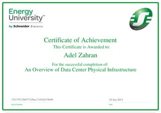 Certificate of Achievement
This Certificate is Awarded to:
For the successful completion of:
Serial Number Date
18 Jun 201317b179272bb577e5bee17ef442e78698
Adel Zahran
An Overview of Data Center Physical Infrastructure
Powered by TCPDF (www.tcpdf.org)
 
