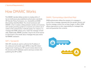 19
The DMARC standard allows senders to employ either of
two (or both) previously established authentication standards:
SPF (Sender Policy Framework, a.k.a. SenderID) and DKIM
(DomainKeys Identified Mail). The critical mechanism with
DMARC is that it creates a dialog between senders and receivers,
with senders providing guidance to receivers as to what to do if
neither of the authentication methods passes. For instance, if a
message fails DKIM, please junk or reject the message immedi-
ately. Additionally, DMARC provides a way for the email receiver
to report back to the sender about messages that pass and/or
fail DMARC evaluation.
SPF / SenderID
With SPF, records are used to authorize the IP address of
the outbound mail transfer agent (MTA) to help ISPs detect
forged email. Creating your SPF record involves determining
the domains and IP addresses used to send your emails, then
publishing the SPF to DNS.
DKIM / DomainKeys Identified Mail
DKIM authentication allows the recipient of a message to
confirm that a message originated with the sender’s domain and
that the message content has not been forged. In effect, DKIM
allows organizations to claim responsibility for messages they
send and guarantee their contents.
How DMARC Works
[ Technical Requirements ]
 