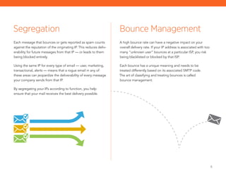 6
Each message that bounces or gets reported as spam counts
against the reputation of the originating IP. This reduces deliv-
erability for future messages from that IP — or leads to them
being blocked entirely.
Using the same IP for every type of email — user, marketing,
transactional, alerts — means that a rogue email in any of
these areas can jeopardize the deliverability of every message
your company sends from that IP.
By segregating your IPs according to function, you help
ensure that your mail receives the best delivery possible.
A high bounce rate can have a negative impact on your
overall delivery rate. If your IP address is associated with too
many “unknown user” bounces at a particular ISP, you risk
being blacklisted or blocked by that ISP.
Each bounce has a unique meaning and needs to be
treated differently based on its associated SMTP code.
The art of classifying and treating bounces is called
bounce management.
Segregation Bounce Management
 