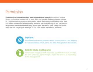 7
Permission is the consent consumers grant to receive emails from you. It’s important because
email is so much more personal than TV, radio, direct mail and other marketing channels, and calls
for a higher standard of privacy. It’s also an area of intense attention by government regulators in the
U.S. and around the world. Most importantly, permission affects deliverability. An AOL User Behavior
study showed that email newsletters using “double opt-in” had a much lower average unsubscribe
rate (7.6%) than “single opt-in” messages (22.2%). There are two main forms of permission:
Permission
SingleOpt-In:
The user enters an email address in a web form and checks a box agreeing
to receive marketing emails, alerts, and other messages from the business.
DoubleOpt-In(a.k.a.closed-loopopt-in)
The recipient needs to actively respond to a confirmation email sent after
the form is filled out, either through a click in the email or by responding
to the message itself.
 