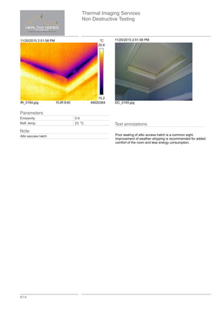 Thermal Imaging Services
Non Destructive Testing
8/14
11/20/2015 2:51:58 PM °C
20.6
15.2
IR_0164.jpg FLIR E40 49020364
11/20/2015 2:51:58 PM
DC_0165.jpg
Text annotations
Poor sealing of attic access hatch is a common sight.
Improvement of weather stripping is recommended for added
comfort of the room and less energy consumption.
Parameters
Emissivity 0.9
Refl. temp. 23 °C
Note
Attic eaccess hatch
 